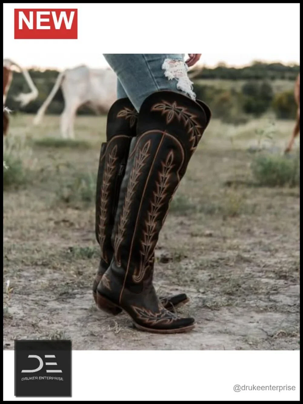 Over the Knee Cowgirl Boots Embroidered Chunky Heel Faux Leather Western Thigh